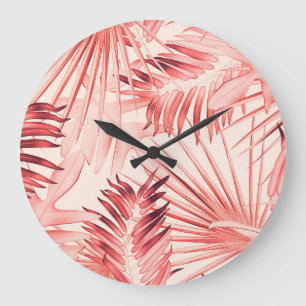 Grande Horloge Ronde Tropical Palm Feuille, Hawaiian Stylish Motif.