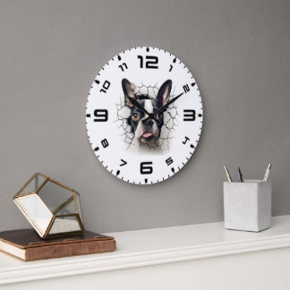 Grande Horloge Ronde Trou fissuré 3D Boston Terrier