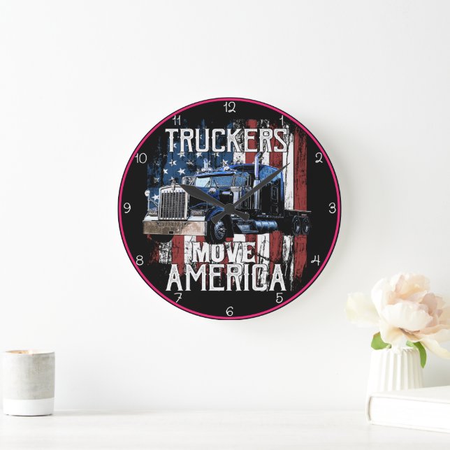 Grande Horloge Ronde Truckers Déplacent L'Amérique Patriotique (Maison)