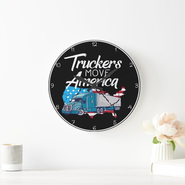 Grande Horloge Ronde Truckers Move America : Drapeau Silhouette (Maison)