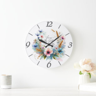 Grande Horloge Ronde Tu es le Dieu qui reste, floral aquarelle
