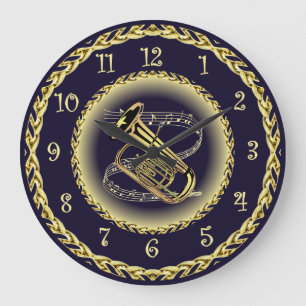 Grande Horloge Ronde Tuba Musical Scroll ~ Gold et Navy Blue ~