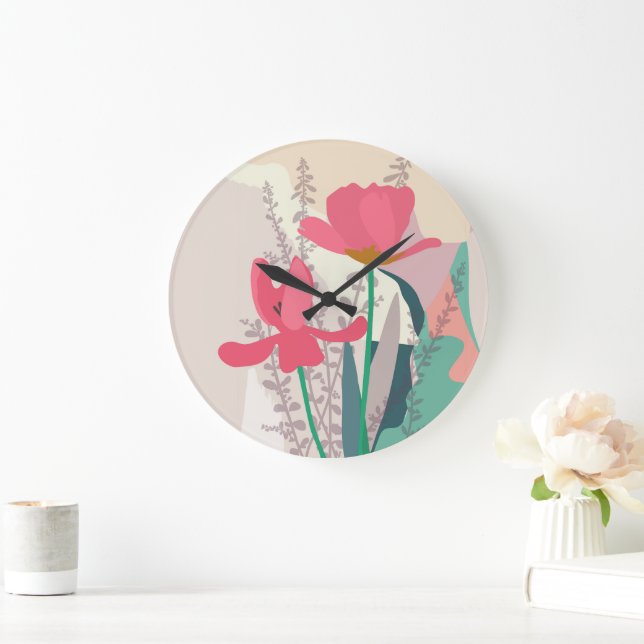 Grande Horloge Ronde Tulipes roses Artiste Moderne Blocs Couleurs Accue (Maison)