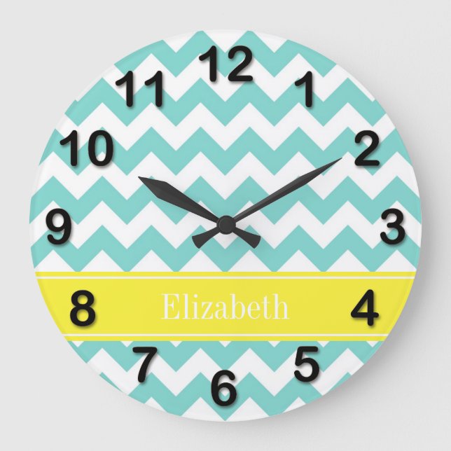 Grande Horloge Ronde Turq / Aqua Wht Chevron Nom jaune Monogramme (Recto)