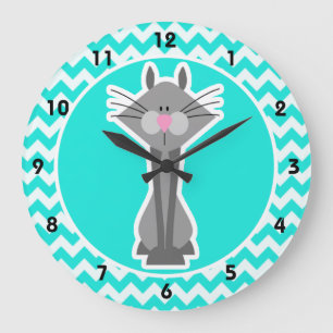 Grande Horloge Ronde Turquoise, Aqua Color Chevron; Gray Cat