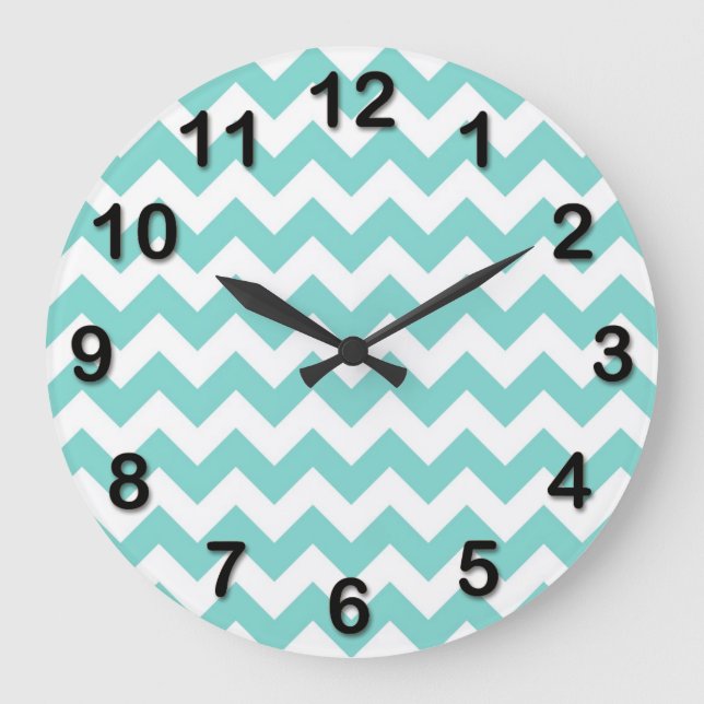 Grande Horloge Ronde Turquoise Aqua White Chevron Zig Zag Motif (Recto)