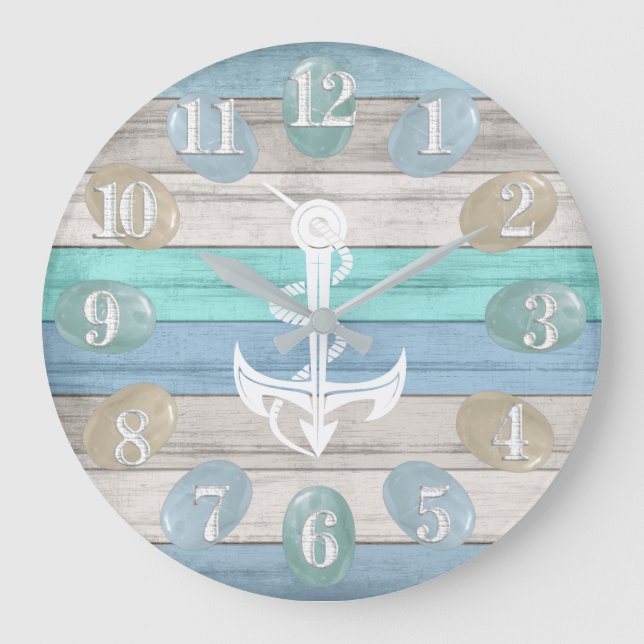 Grande Horloge Ronde Turquoise bleu - Verre marin / Nautique / Ancre (Recto)