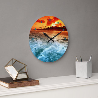 Grande Horloge Ronde Turquoise Blue Ocean Surf Orange Sunset