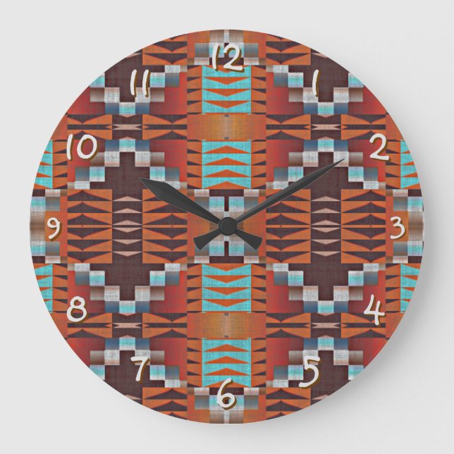Grande Horloge Ronde Turquoise Blue Rust Orange Rouge Brown Tribal Art (Recto)