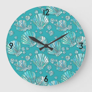 Grande Horloge Ronde Turquoise, coquillages de mer, arrière - plan turq