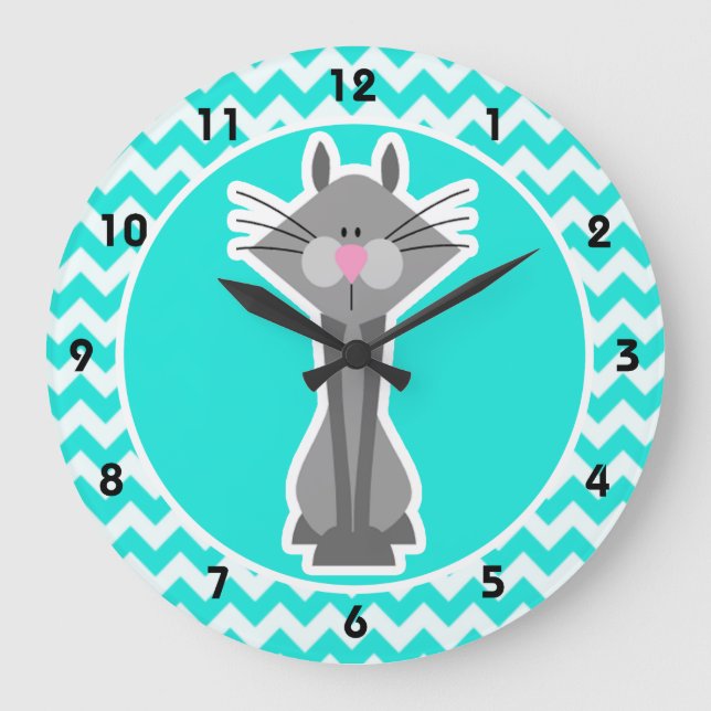 Grande Horloge Ronde Turquoise, couleur Chevron d'Aqua ; Chat gris (Recto)