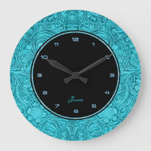 Grande Horloge Ronde Turquoise Floral Faux Leather Embossed