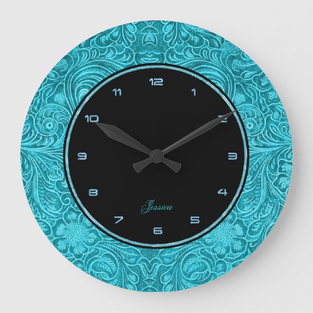 Grande Horloge Ronde Turquoise Floral Faux Leather Embossed (Recto)