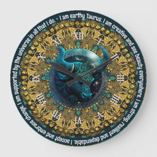 Grande Horloge Ronde Turquoise+Gold Astrologie Affirmations Taurus Zodi