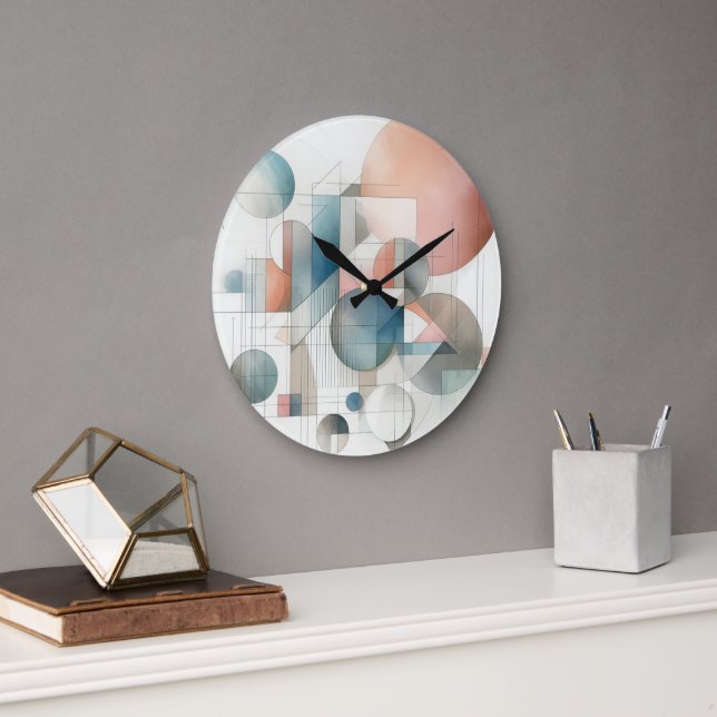 Grande Horloge Ronde Turquoise Gris Bleu Beige Roue Rouge Abstrait Art  (Bureau)