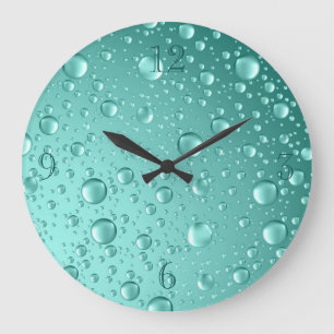 Grande Horloge Ronde Turquoise métallique - Gouttes de pluie vertes