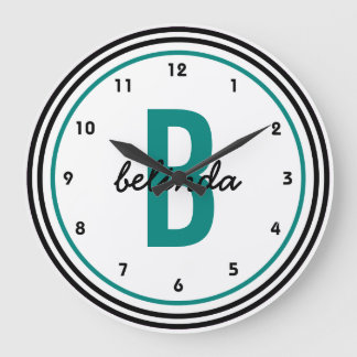 Grande Horloge Ronde Turquoise Monogramme noir et blanc Personnalisé