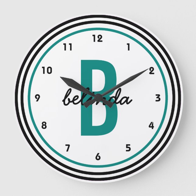 Grande Horloge Ronde Turquoise Monogramme noir et blanc Personnalisé (Recto)