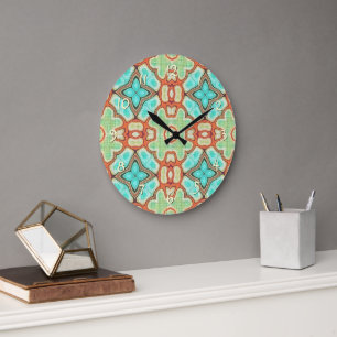 Grande Horloge Ronde Turquoise Orange Lime Green Hip Ornate Art Motif
