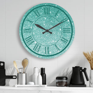 Grande Horloge Ronde Turquoise Parties scintillant Roman Numéral Étince