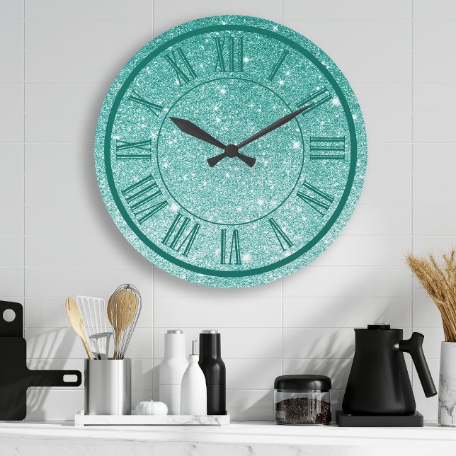Grande Horloge Ronde Turquoise Parties scintillant Roman Numéral Étince (Créateur téléchargé)