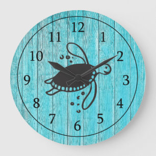 Grande Horloge Ronde Turquoise Rustic Beach Bois Turquoise Nautique