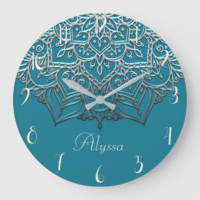 Grande Horloge Ronde Turquoise & Silver Mandala Elégant Minimal Marocai (Recto)
