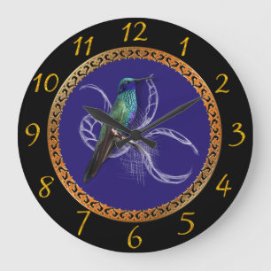Grande Horloge Ronde Turquoise vert et bleu avec colibri violet 