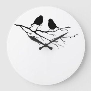Grande Horloge Ronde Two Little Bird Black and White Sparrows, Nature