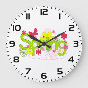 Grande Horloge Ronde Typographie de jardin printanier Fleurs Papillons