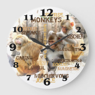 Grande Horloge Ronde Typographie des singes mignons