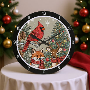Grande Horloge Ronde Un cardinal perché sur une branche de pin renard e
