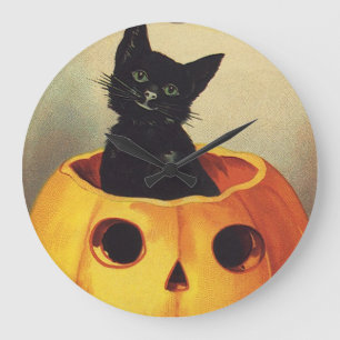 Grande Horloge Ronde Un joyeux Halloween par Ellen Clapsaddle, chat vin