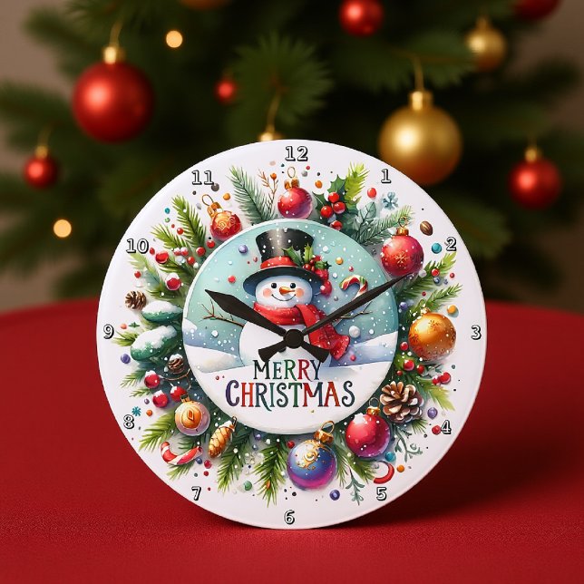Grande Horloge Ronde Un Snowman festif dans une couronne (Créateur téléchargé)