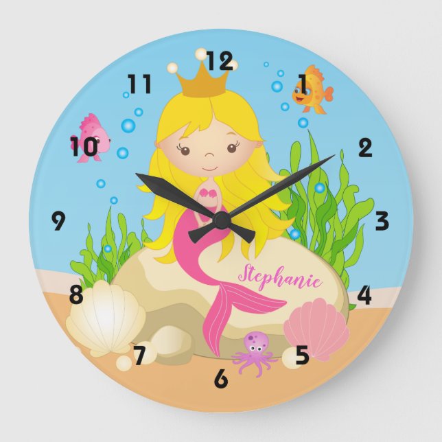 Grande Horloge Ronde Under the Sea Cute Blonde Mermaid Custom (Recto)