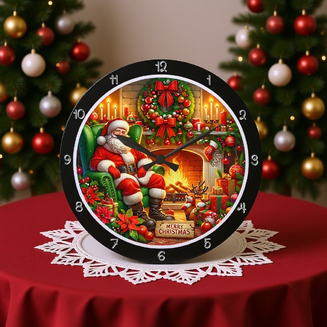 Grande Horloge Ronde Une Père Noël joyeuse au coin d'une cheminée (Créateur téléchargé)