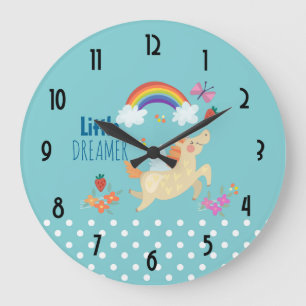 Grande Horloge Ronde Unicorn Arc-en-ciel nuages et fleurs Petit Dreamer