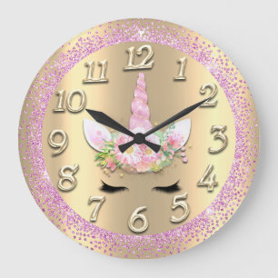 Grande Horloge Ronde Unicorn Face Gold Crystal Girly Glitter Spark Pink