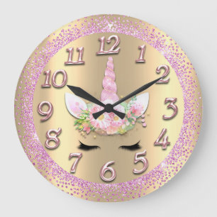 Grande Horloge Ronde Unicorn Face Gold Numbers Girly Glitter Spark Rose