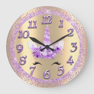 Grande Horloge Ronde Unicorn Face Numbers Girly Glitter Spark