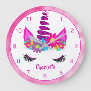 Grande Horloge Ronde Unicorn Flowery Super mignon Fille Personnalisée 