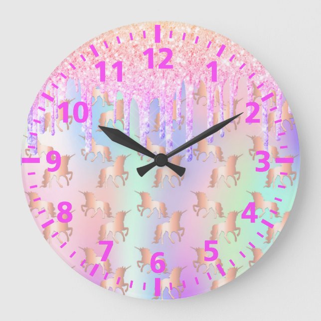Grande Horloge Ronde Unicorn glitter drips rose purple rainbow (Recto)