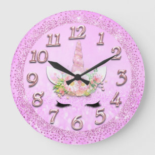 Grande Horloge Ronde Unicorn Gold Lash Numbers Girly Glitter Spark
