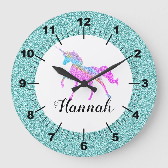 Grande Horloge Ronde Unicorne colorée personnalisée (Recto)