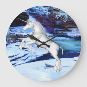 Grande Horloge Ronde Unicorne dans la neige