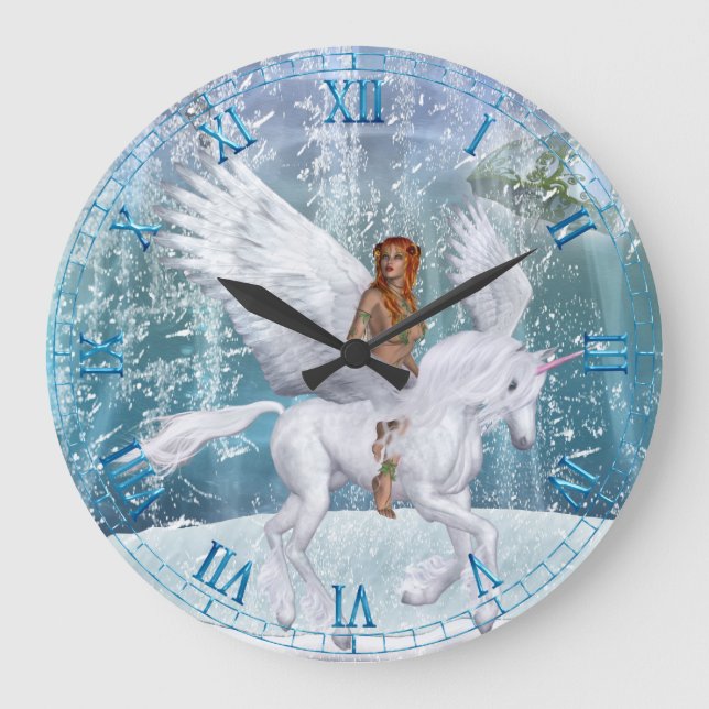 Grande Horloge Ronde Unicorne de glace et Féerie cadenas (Recto)