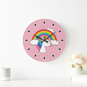 Grande Horloge Ronde Unicorne et arc-en-ciel avec nuages Kawaii