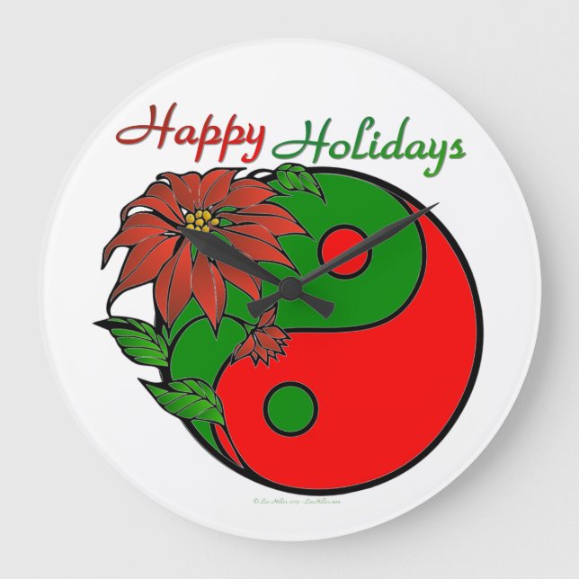 Grande Horloge Ronde Vacances Yin Yang Poinsettia Rouge Vert (Recto)