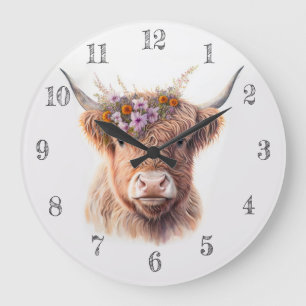 Grande Horloge Ronde Vache des Highlands avec couronne florale Illustra