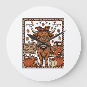 Grande Horloge Ronde Vache des Highlands Bonjour Automne Gravure Vintag